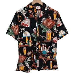 VTG GO BAREFOOT Hawaiian Shirt Men's S Black Bowling Beer Cigar Billiards USA